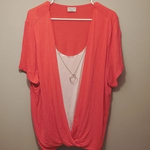 Jullian Nicole Womens 2X Coral Pink White Top